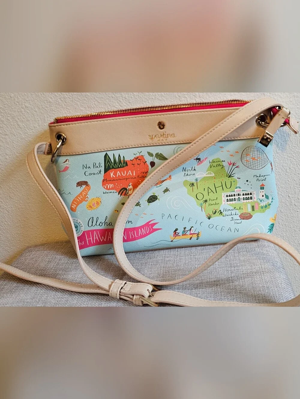 Spartina 449 Hawaiian Islands Printed Wristlet Pouch in Light Blue and Tan